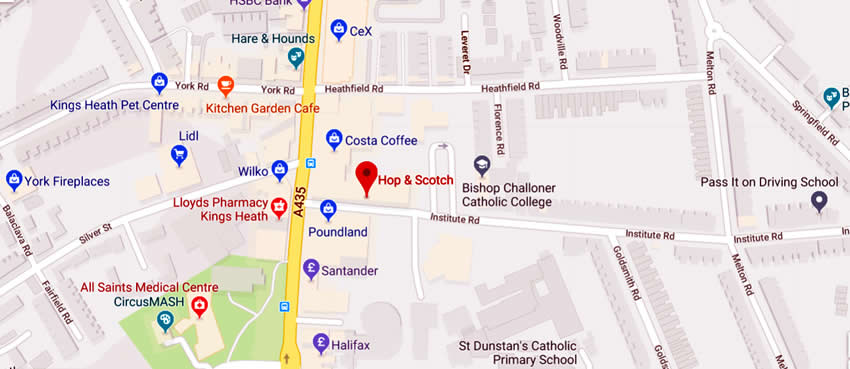 Hop & Scotch	9 Institute Road, Kings Heath, B14 7EG