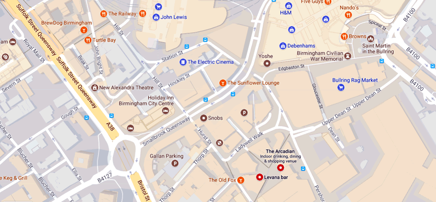 Levana Bar	Arcadian Centre, Hurst Street, Birmingham, B5 4TD 