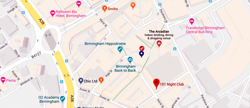101 Club	The Arcadian, 70 Hurst Street, Birmingham, B5 4TD