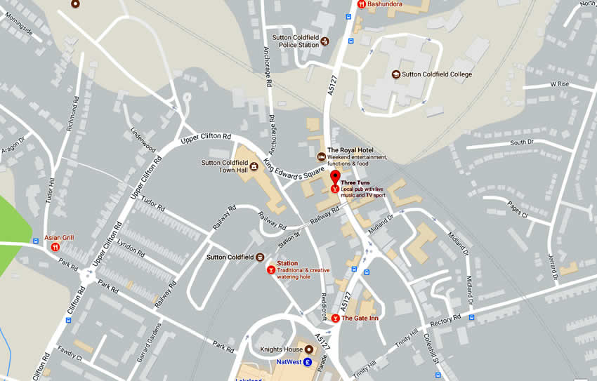 Three Tuns Hotel	19 High Street, Sutton Coldfield, B72 1XS