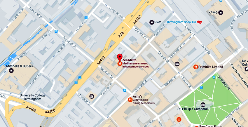 Zen Metro Bar and Grill	73 Cornwall Street, Birmingham, B3 2DF 